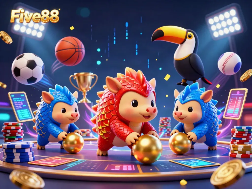 Experience thrilling gameplay at Five88 with vibrant pangolins competing amid dazzling casino elements.