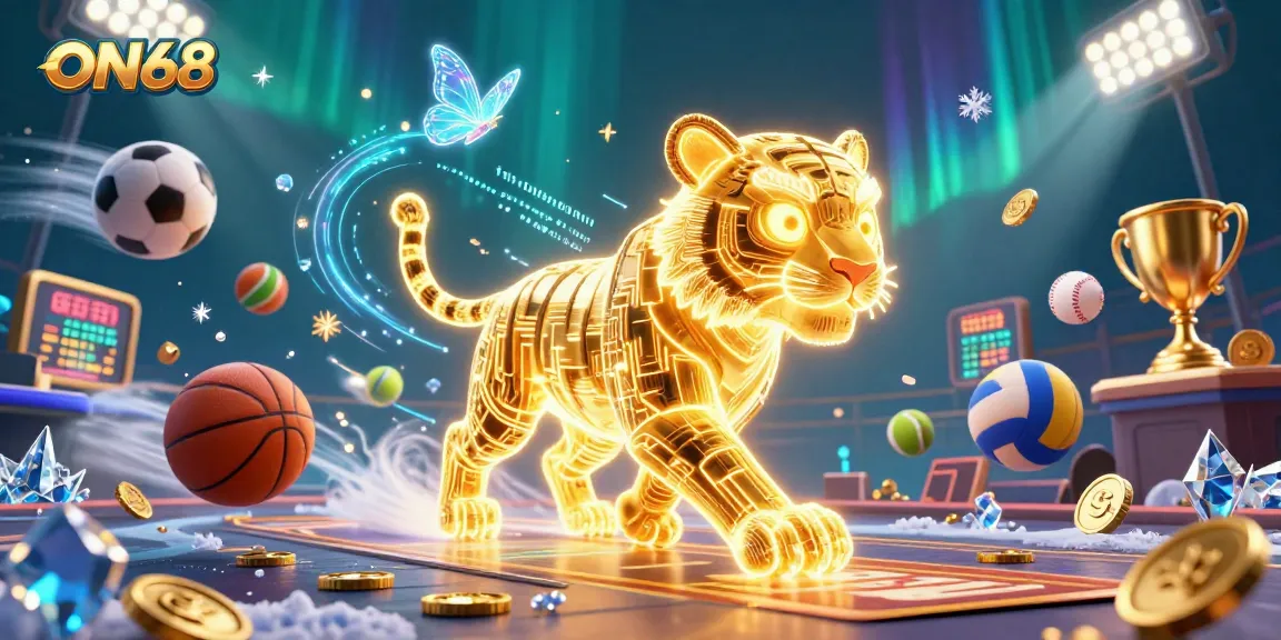 Experience the thrill of ON68 with a vibrant 3D casino scene featuring a golden tiger amidst dynamic sports elements.