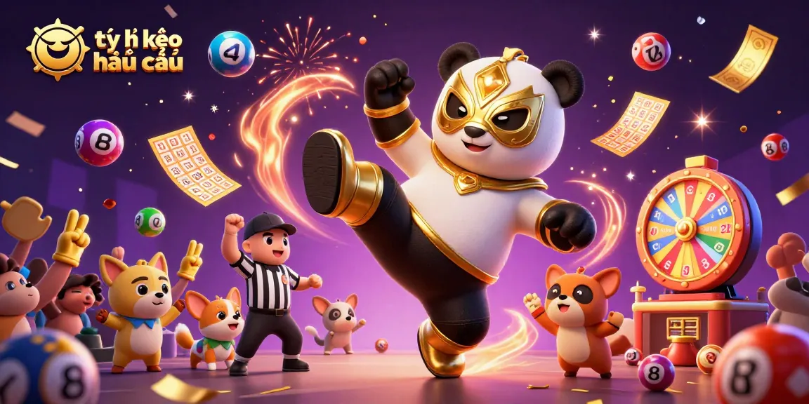 Engage with tỷ lệ kèo nhà cái in an exciting scene featuring a panda wrestler and vibrant gambling elements.