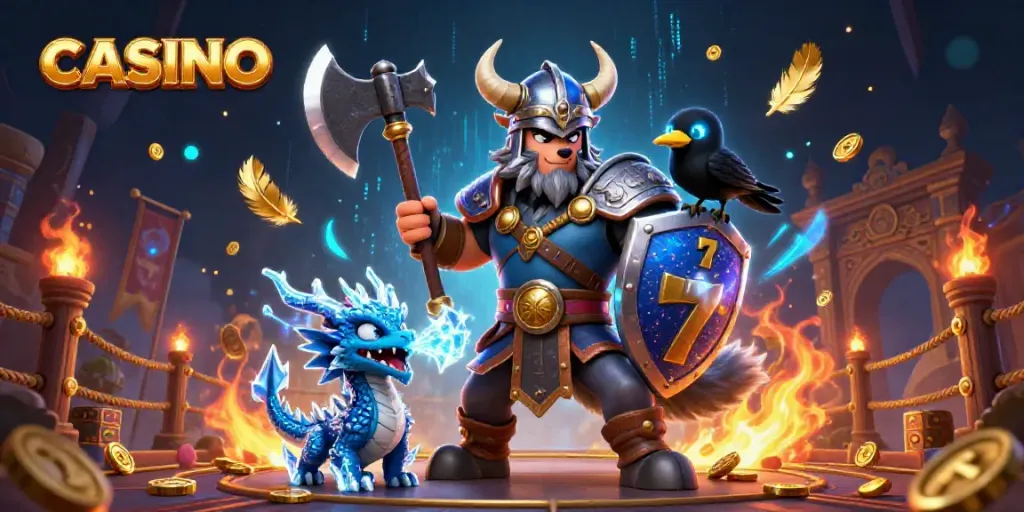 Engage in casino action with a heroic Viking wolf warrior, fierce dragon, and vibrant slot elements.