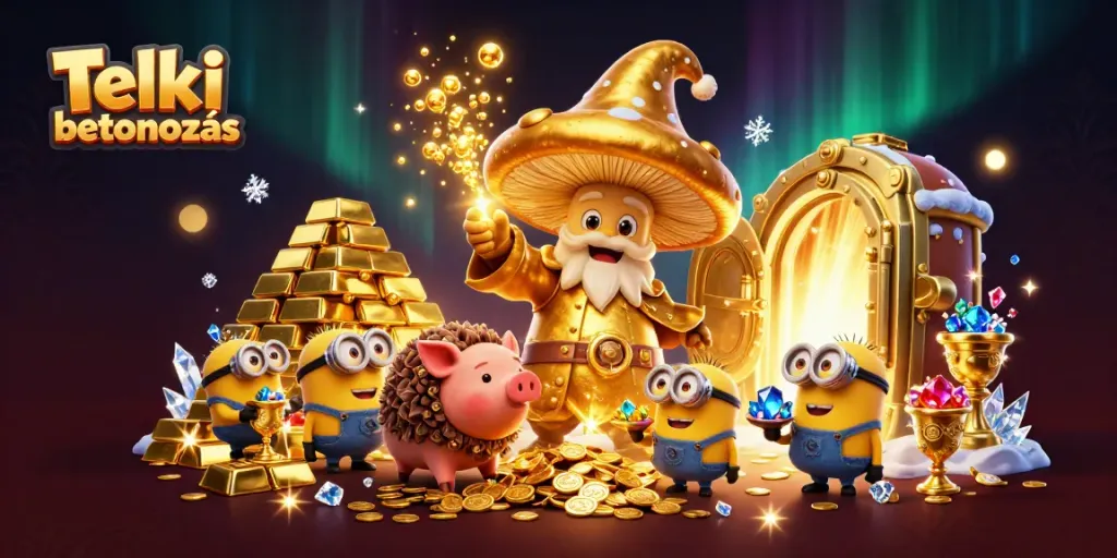 Experience Telki betonozás with a golden mushroom wizard and treasure in an enchanting casino scene.