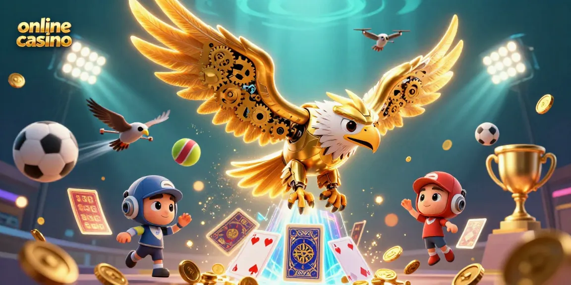 Experience thrilling gameplay at our online casino with a cybernetic eagle soaring through vibrant holographic cards.
