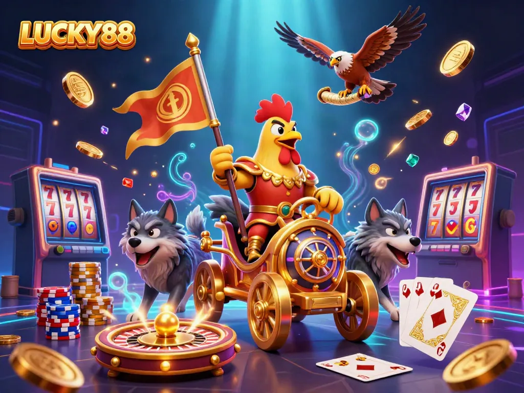 LUCKY88 illustration featuring a rooster warlord with golden chariot amidst casino elements.