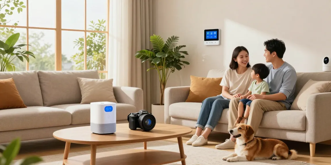 Family enjoying their smart home gadgets, including lighting controls and a voice assistant.