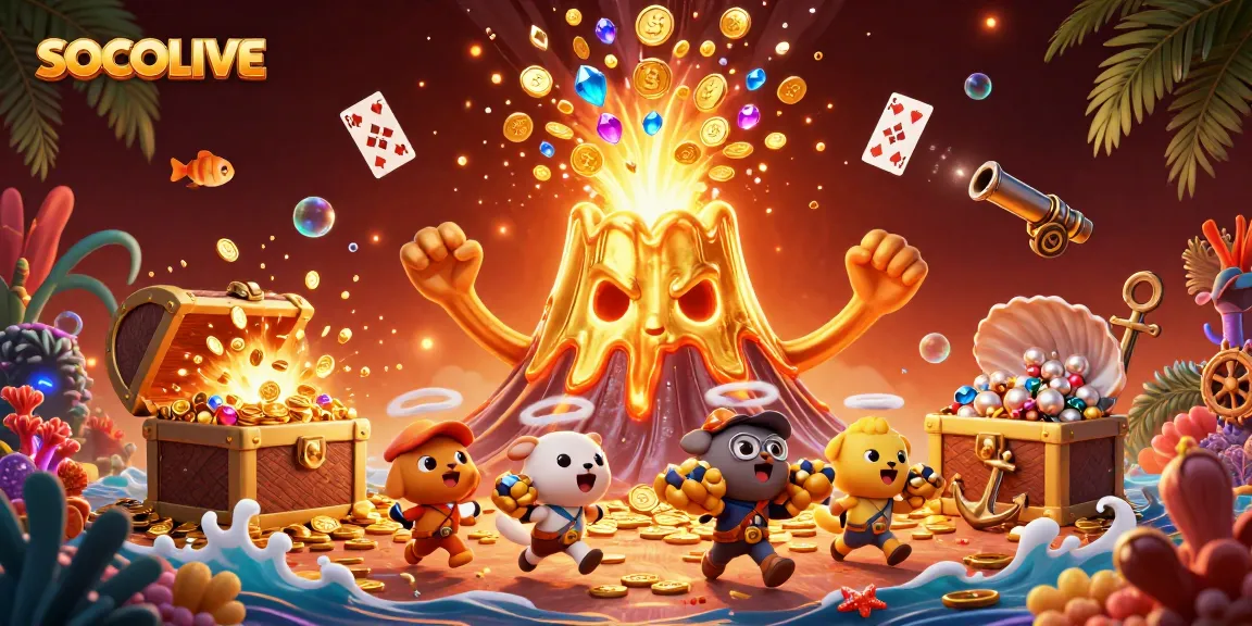 SOCOLIVE showcases a lively casino scene with a golden volcano erupting coins, thrilling tiny animals, and vibrant treasures.
