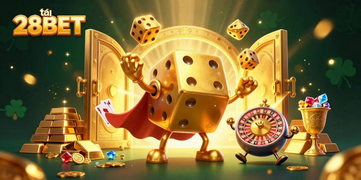 Experience the excitement of winning at tại 28BET with giant golden dice and casino treasures.