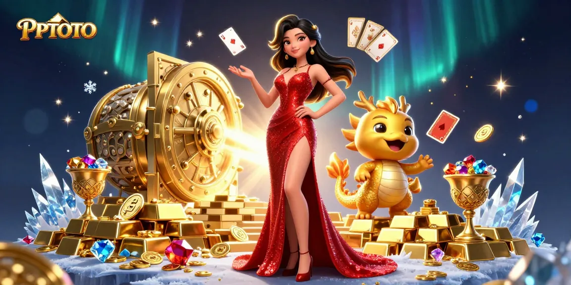 Pengalaman kasino PPTOTO menampilkan wanita glamor dan naga emas di tengah kekayaan dan kartu bermain.