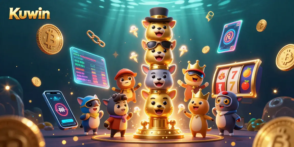 Kuwin engages players with vibrant 3D casino-themed totem, showcasing slot elements and crypto coins.
