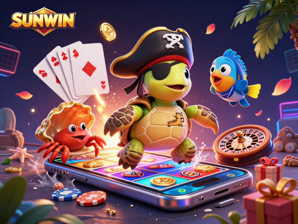 SUNWIN showcases an exciting 3D casino scene with a pirate turtle, treasure, and slot game elements.