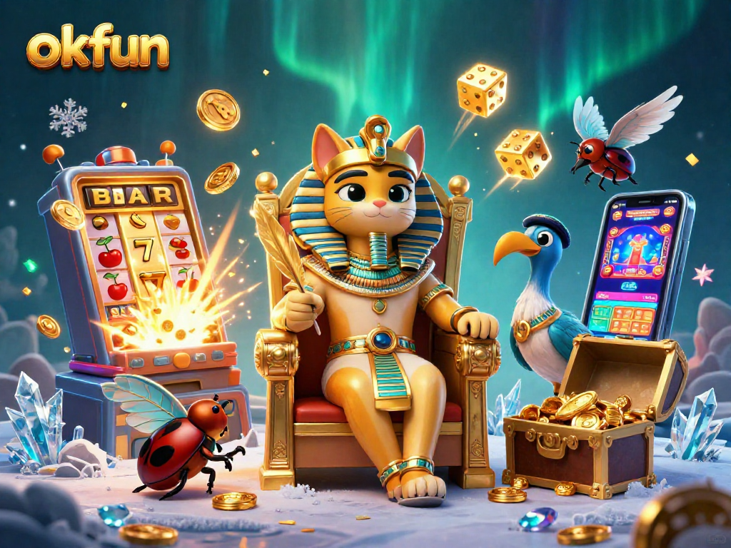Play exciting games at okfun with a cartoon pharaoh cat in a vibrant casino scene.