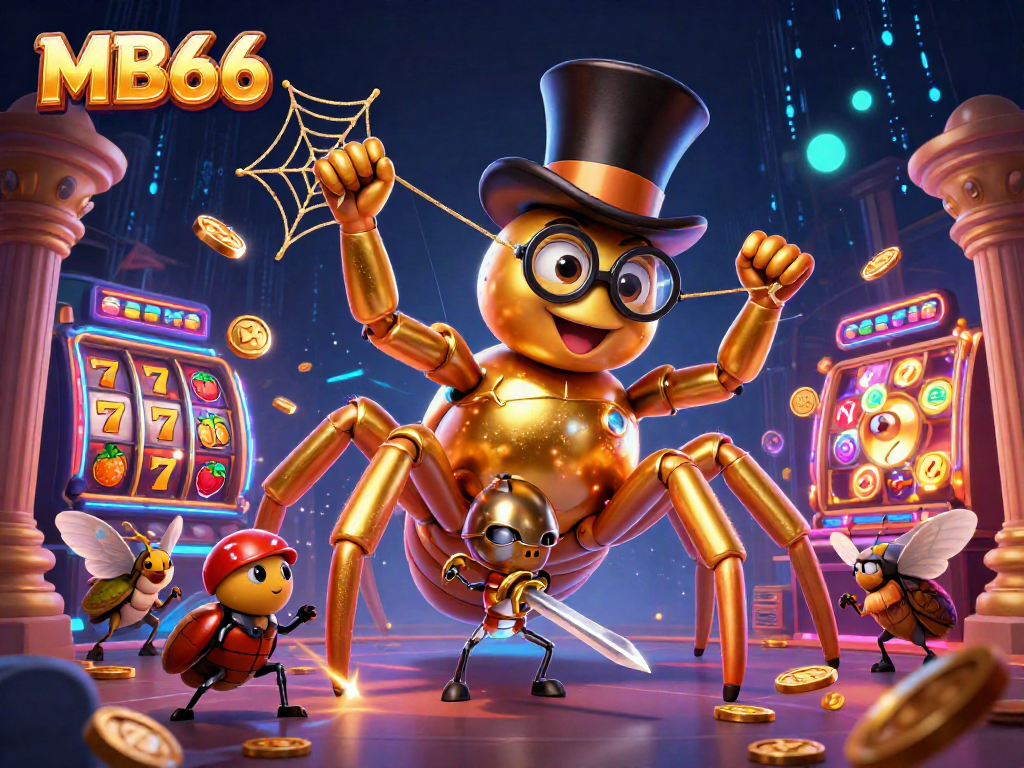 Experience MB66 excitement with a vibrant illustration of a golden tarantula and beetle knight in a casino scene.