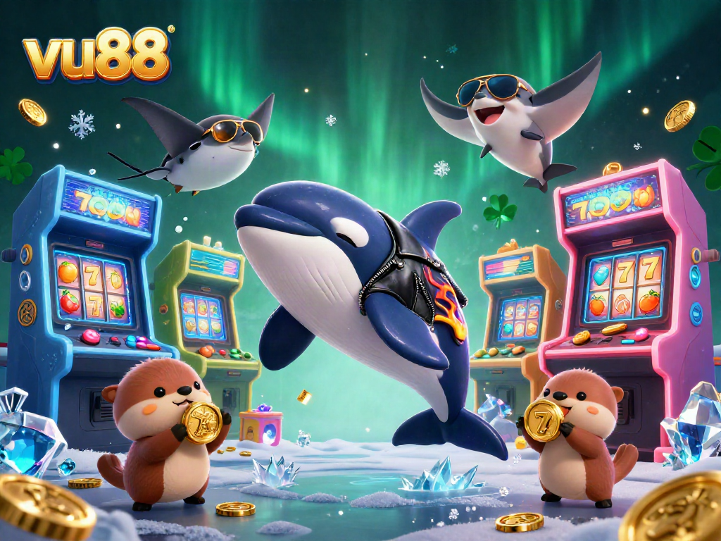 Experience the exciting world of vu88 casino with vivid characters and slot elements.