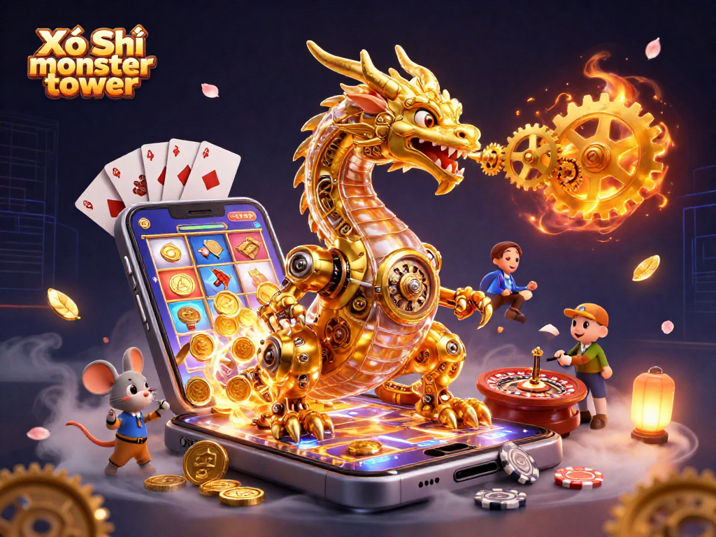Xổ Số monster tower combines vibrant casino elements with a golden dragon breathing cogs, a slot game, and more.