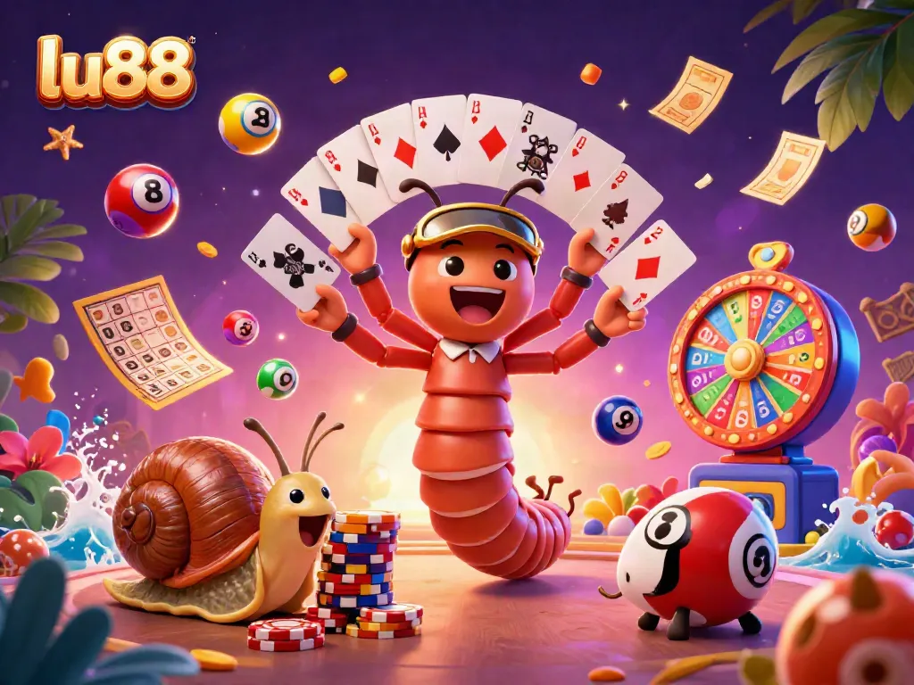 Engage with the vibrant world of lu88's online gaming through a colorful 3D illustration showcasing a millipede dealer, exciting game elements, and lively characters.