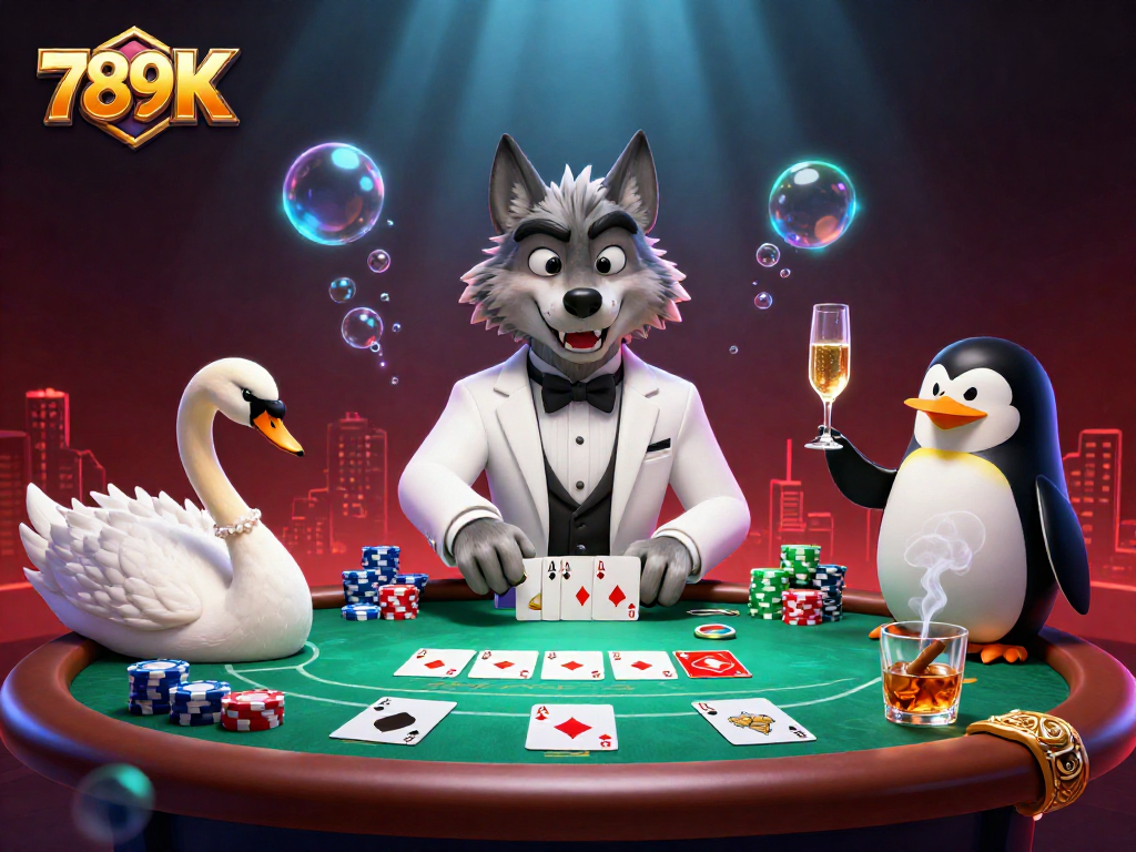 Experience the excitement of 789K with this vibrant 3D casino scene featuring cartoon characters and poker elements.