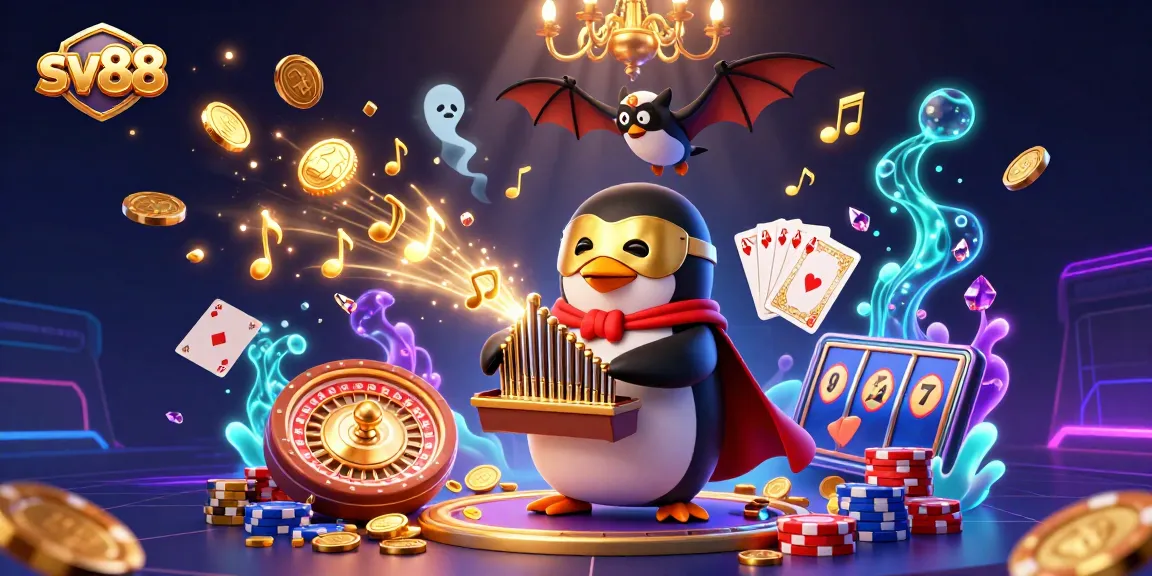 Experience sv88's vibrant gaming scene featuring a penguin organist, golden coins, and casino elements.