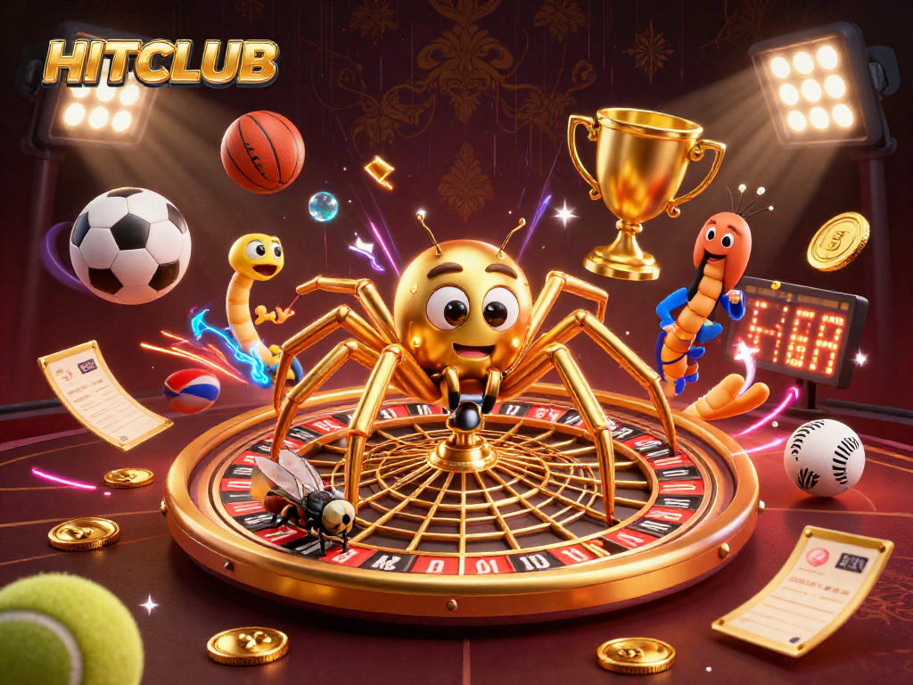 Hitclub players gaming with a golden roulette web spun by a spider in a vibrant, detailed casino scene.