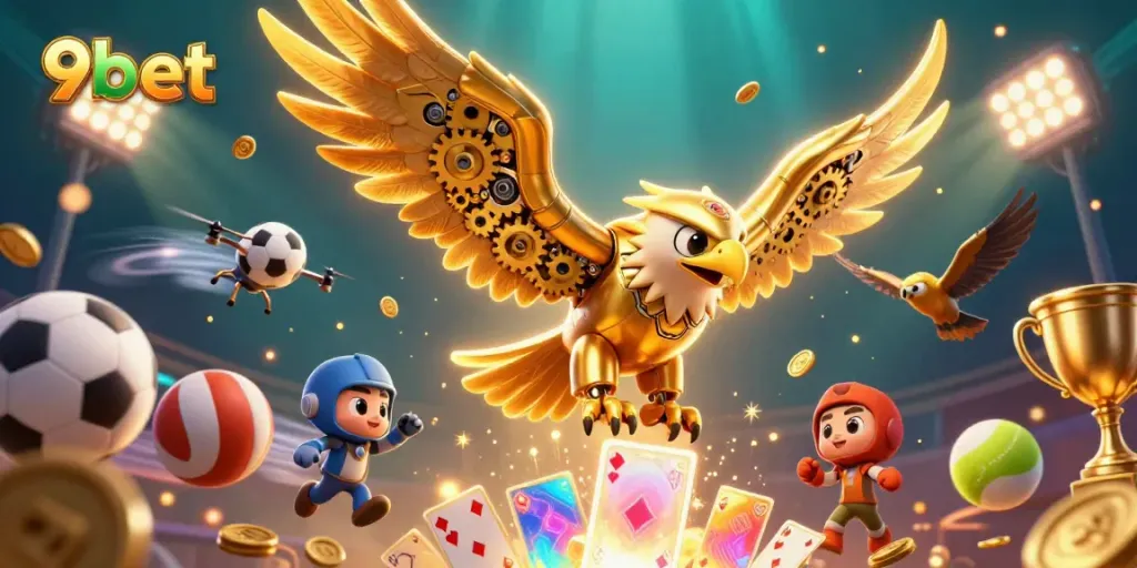 Experience thrilling gameplay with 9bet's vibrant 3D casino action featuring golden eagle amidst dynamic sports elements.