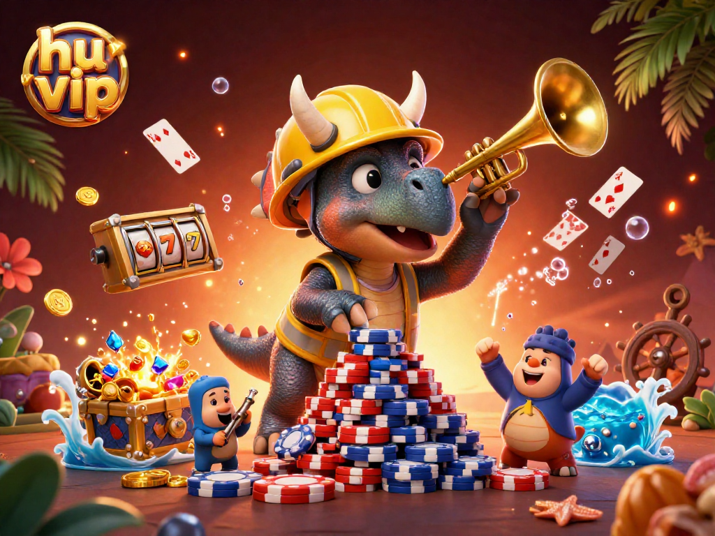 Join the excitement at hu vip with a fun 3D illustration of gaming elements and joyous characters!