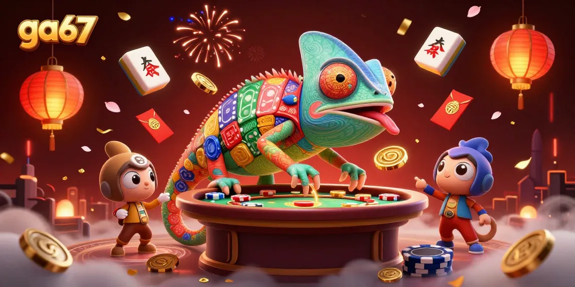 Experience thrilling action at ga67 with a vibrant chameleon casino owner amidst casino elements.