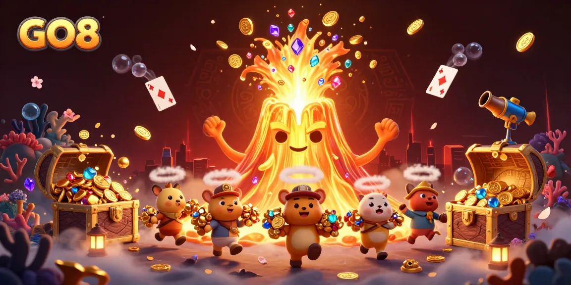 Experience exhilarating wins with GO8, featuring golden eruptions of coins and gems in a vibrant casino scene.