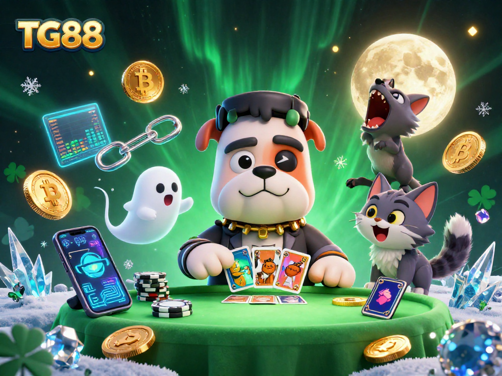 Engage with TG88 as a Frankenstein bulldog deals cards surrounded by animated casino elements.