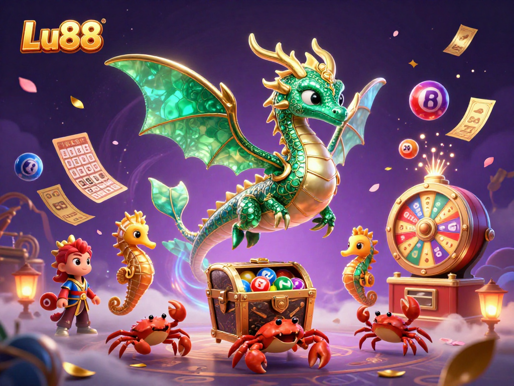 Experience thrilling gameplay at Lu88 with colorful lottery elements and a magical sea dragon.