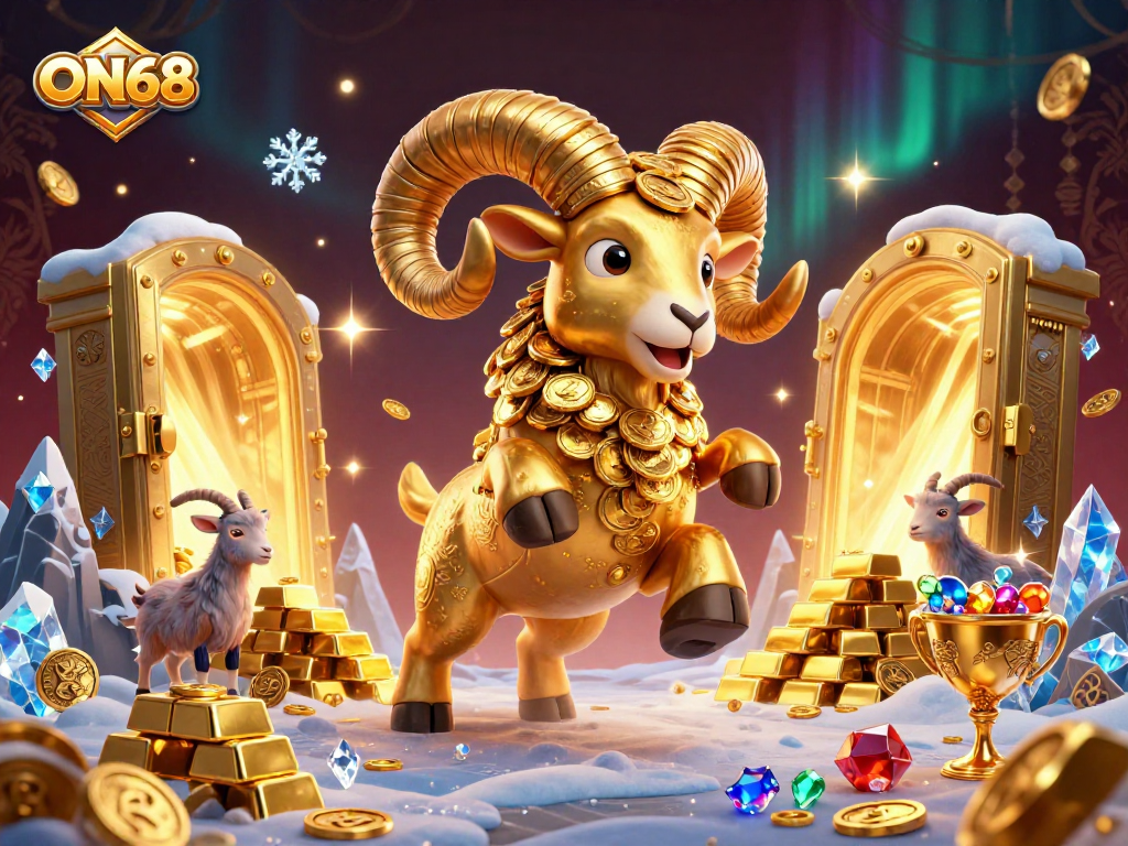Engage in thrilling adventures at ON68 with a spectacular 3D golden ram charging through a treasure-filled casino.