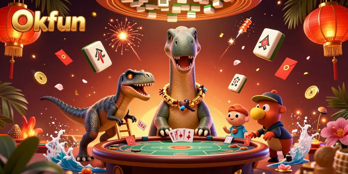 Okfun showcases a dynamic casino scene with themed characters and vibrant game elements.