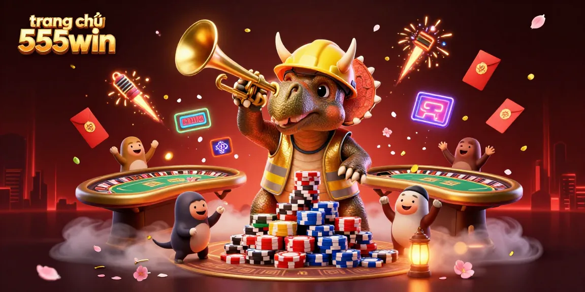 Engaging scene of gaming excitement at trang chủ 555win with casino elements and dinosaurs.