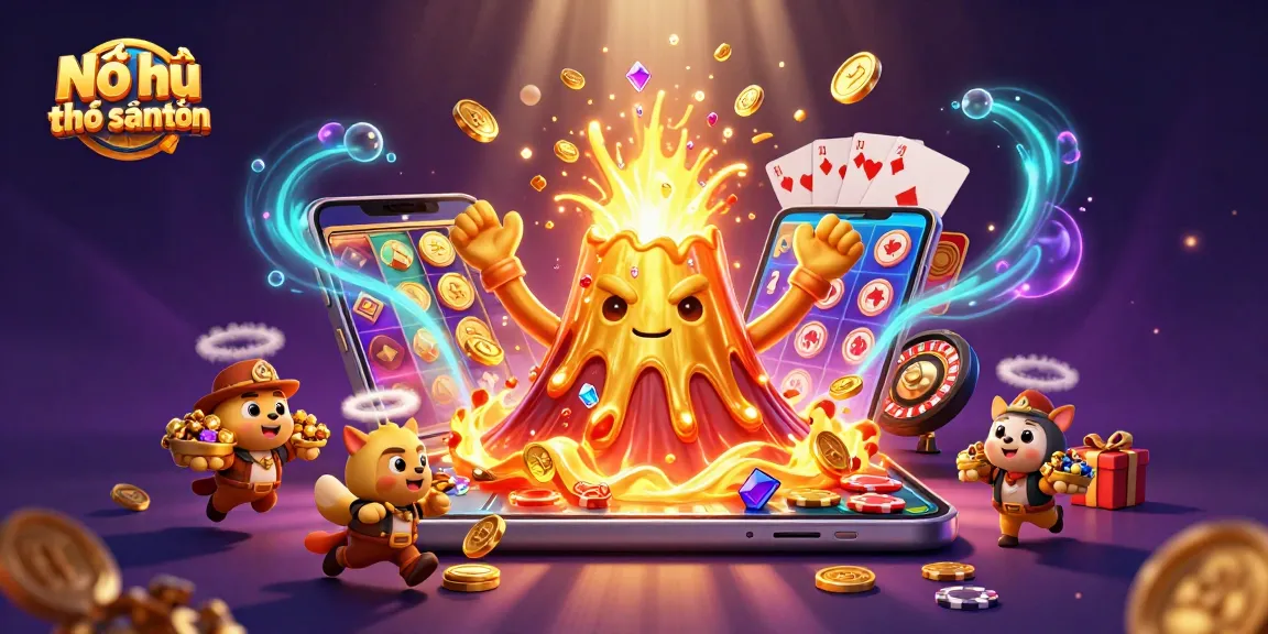 Nổ hũ thợ săn tiền thưởng gameplay scene with a victorious golden volcano surrounded by treasure and interactive slot game elements.