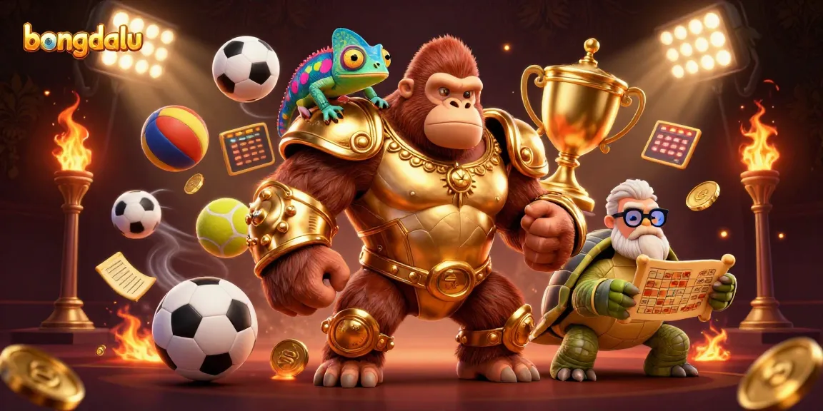 Bongdalu showcases a powerful gorilla king and wise tortoise in a vibrant sports betting scene.