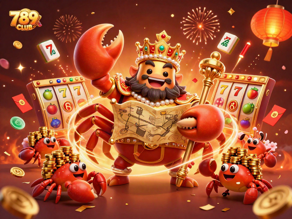 Engage with 789CLUB's thrilling golden crab emperor in a vibrant casino scene filled with exciting game elements.