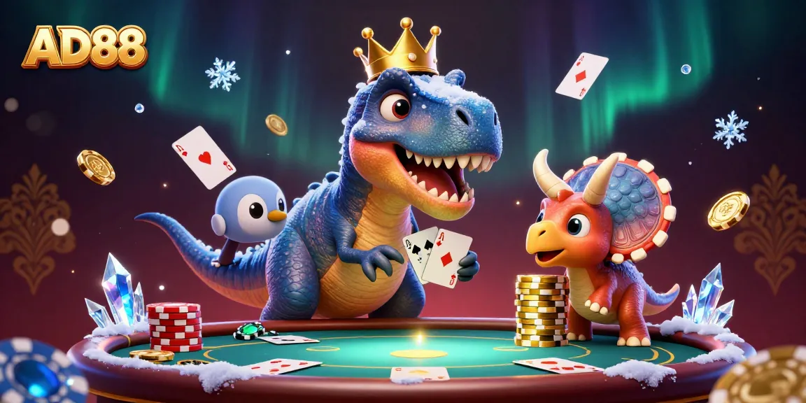 Experience thrilling poker action with AD88 as a T-Rex shuffles cards and stacks chips.