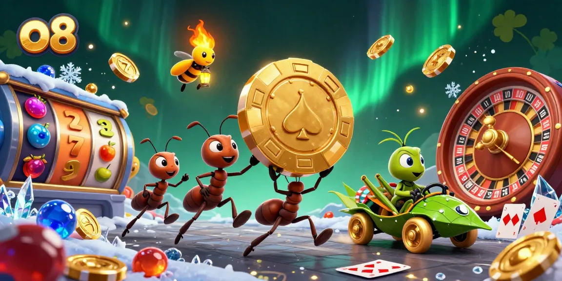 Experience thrilling gambling adventures at o8 with playful ants heisting a giant poker chip amidst vibrant casino elements.