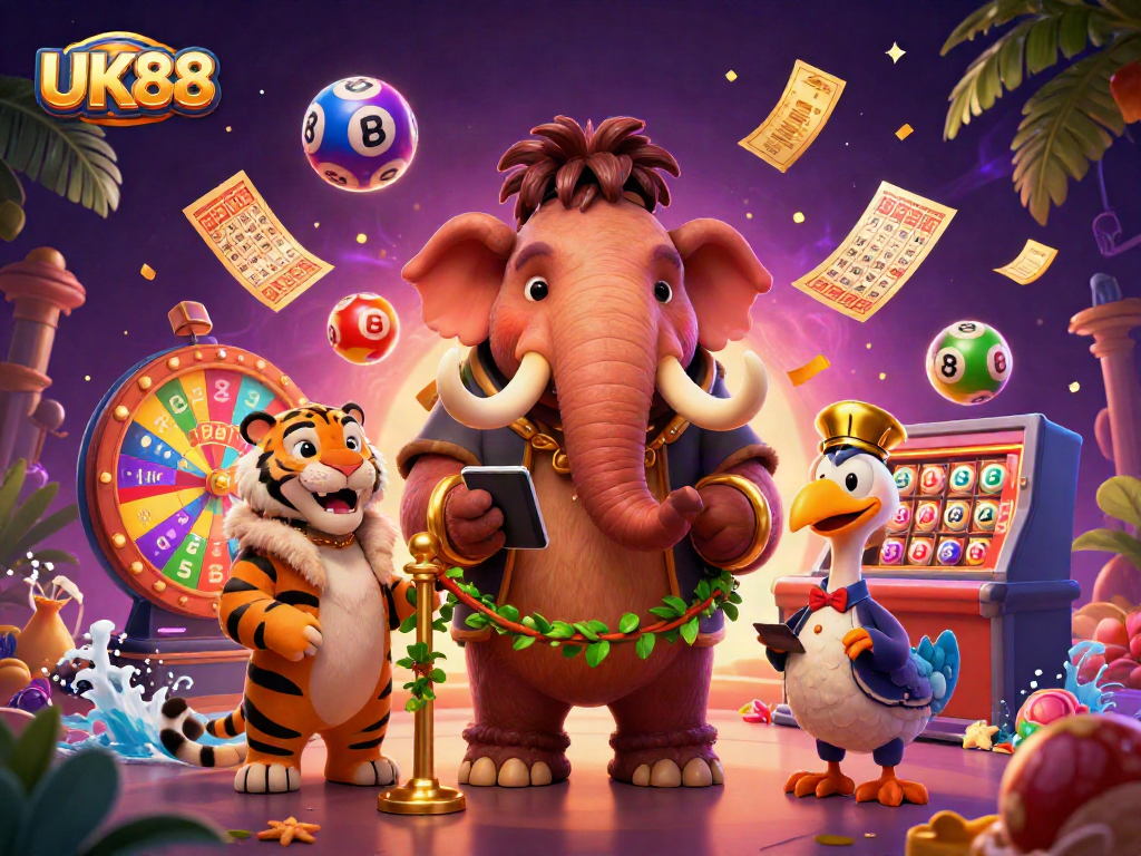 Experience thrilling games at UK88 with vibrant lottery balls and dynamic casino characters.