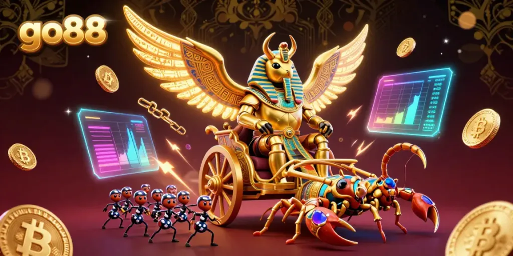 Join the go88 experience with a vibrant depiction of a pharaoh beetle in an energetic casino scene.
