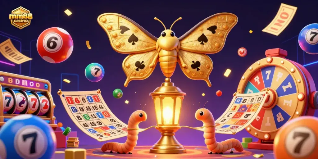 Experience excitement with the mm88 casino vibrant 3D illustration of games, lottery, and lavish elements.
