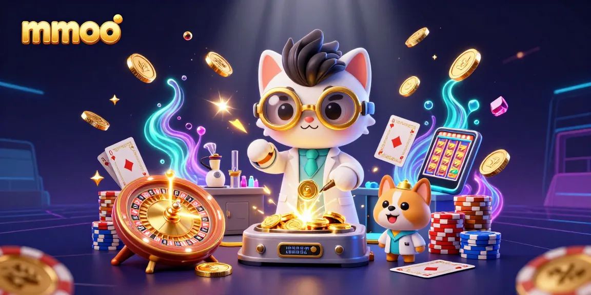 Spin giant slots and win with mmoo's golden coins and roulette wheels in a vibrant casino scene.