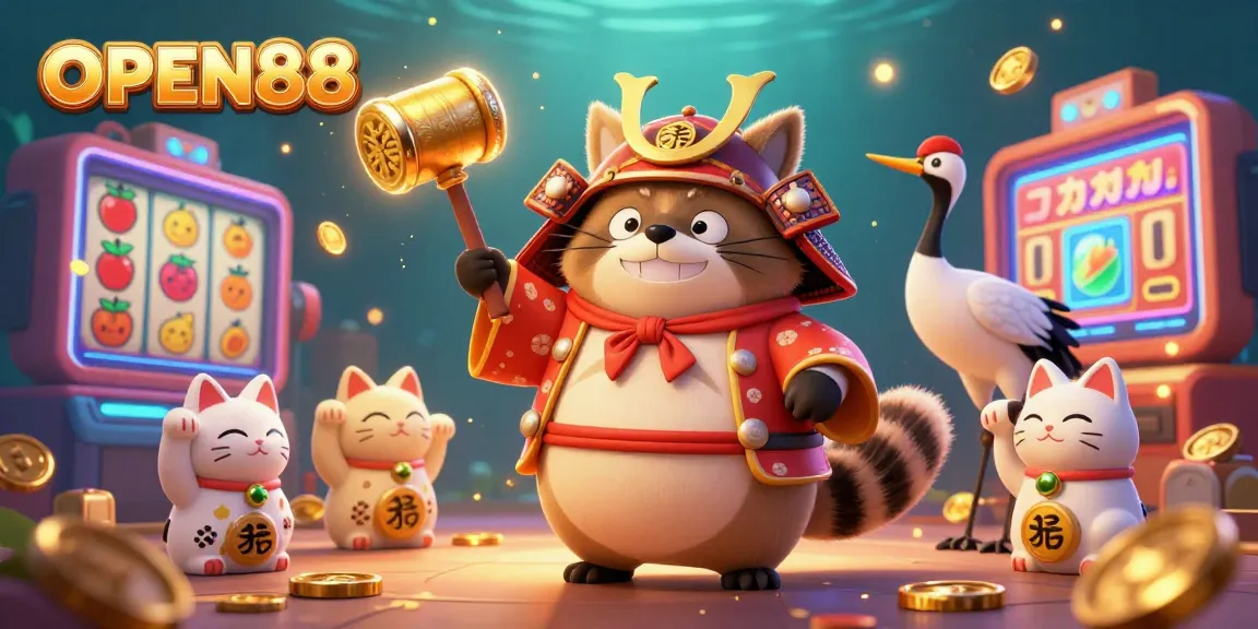 Engage with OPEN88's vibrant casino world featuring tanuki, crane, and fortune cats amidst slot machines and golden coins.