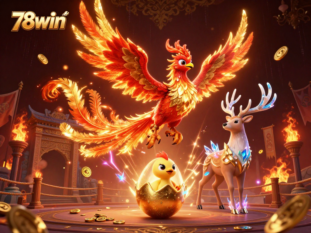 Engage with the vibrant scene of 78win featuring a fire phoenix, gold coins, and a mystical stag.