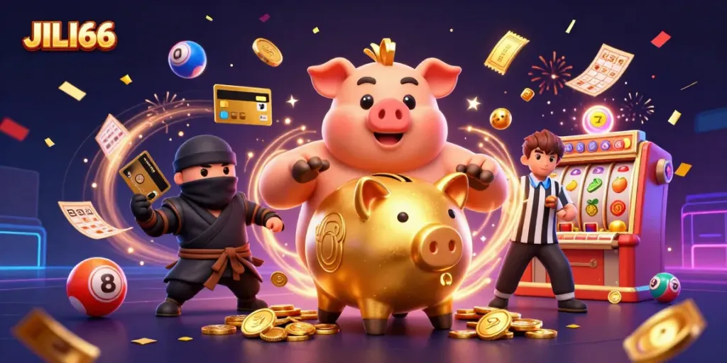 Experience the thrill at JILI66 with a vibrant 3D casino scene featuring playful characters and dynamic gaming elements.
