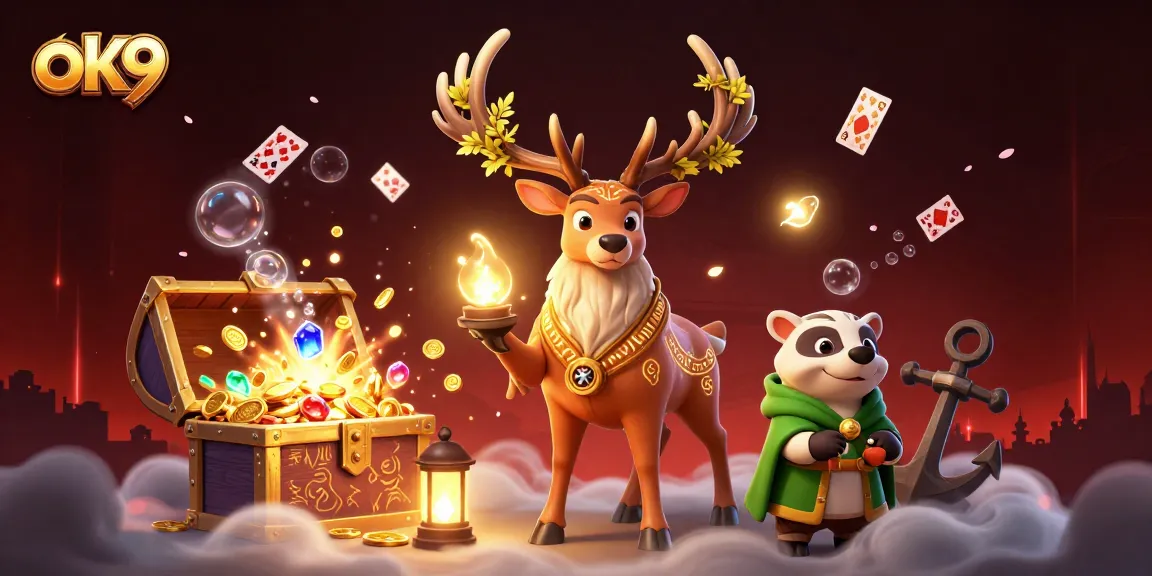 Play exciting games at ok9 with animated druid stag and immersive treasure scenes.