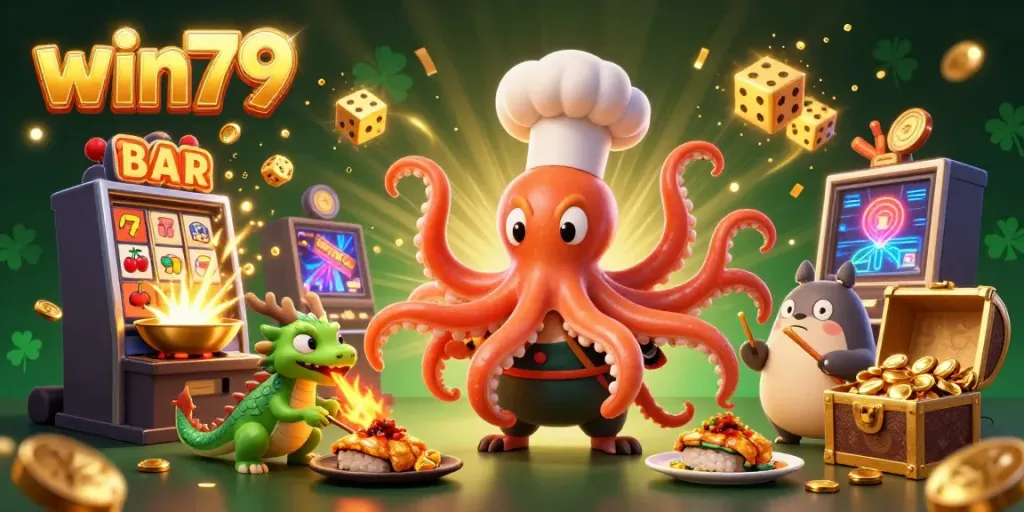 Spin the reels at win79 with a vibrant, action-packed casino illustration featuring charming game characters.