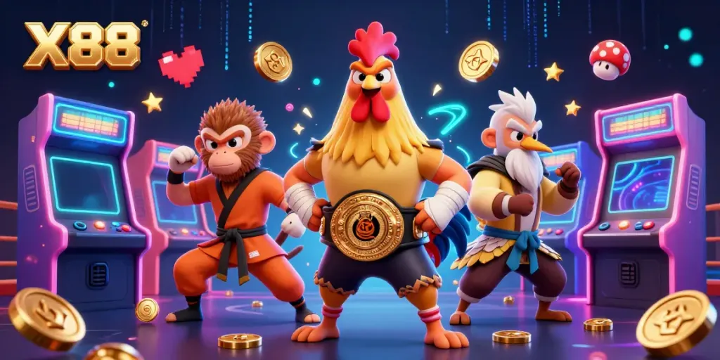 Experience the thrill of X88 gaming with a vibrant illustration of fierce characters and arcade elements.