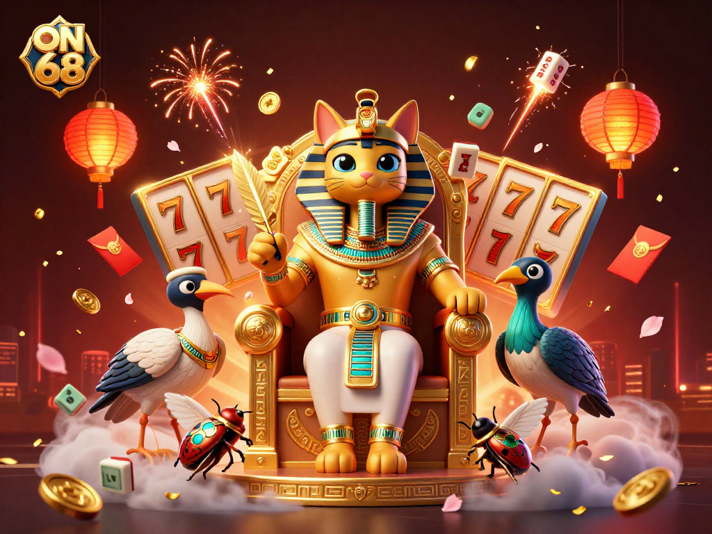 Engage in the vibrant universe of ON 68 with 3D elements from charming pharaoh cat to thrilling slot reels.