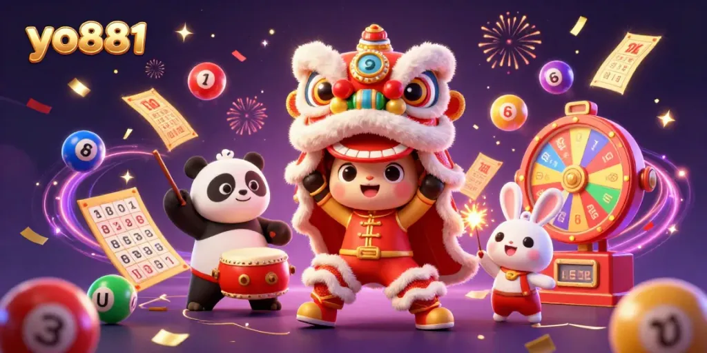 Spin to win with yo881 in this vibrant 3D casino celebration scene filled with festive characters and dynamic game elements.