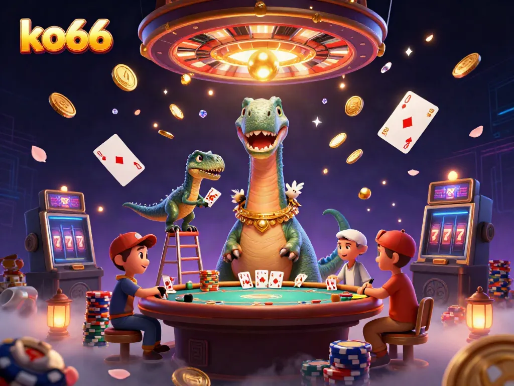 Experience the vibrant gaming world of ko66 with a fun dinosaur and clever raptor amid a bustling casino atmosphere.