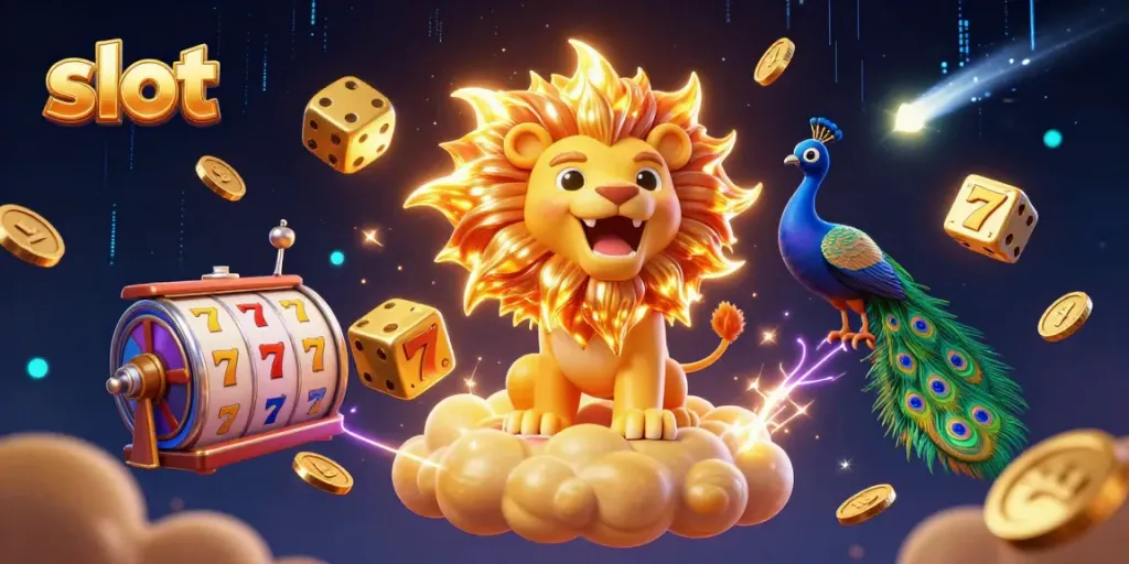 Engage with dynamic slot gameplay, featuring a roaring lion and golden symbols in a lively casino environment.