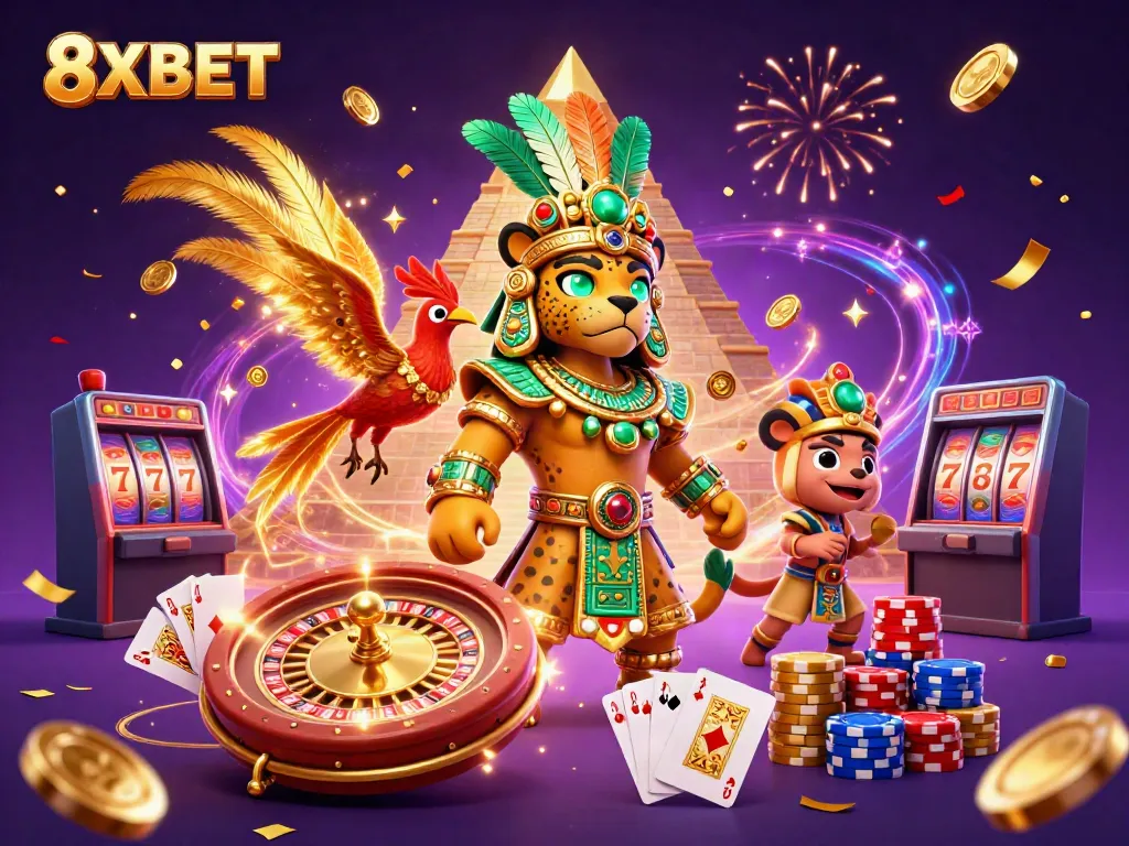 Engage with the vibrant world of 8XBET, featuring a Mayan priest and golden treasures in a thrilling casino scene.